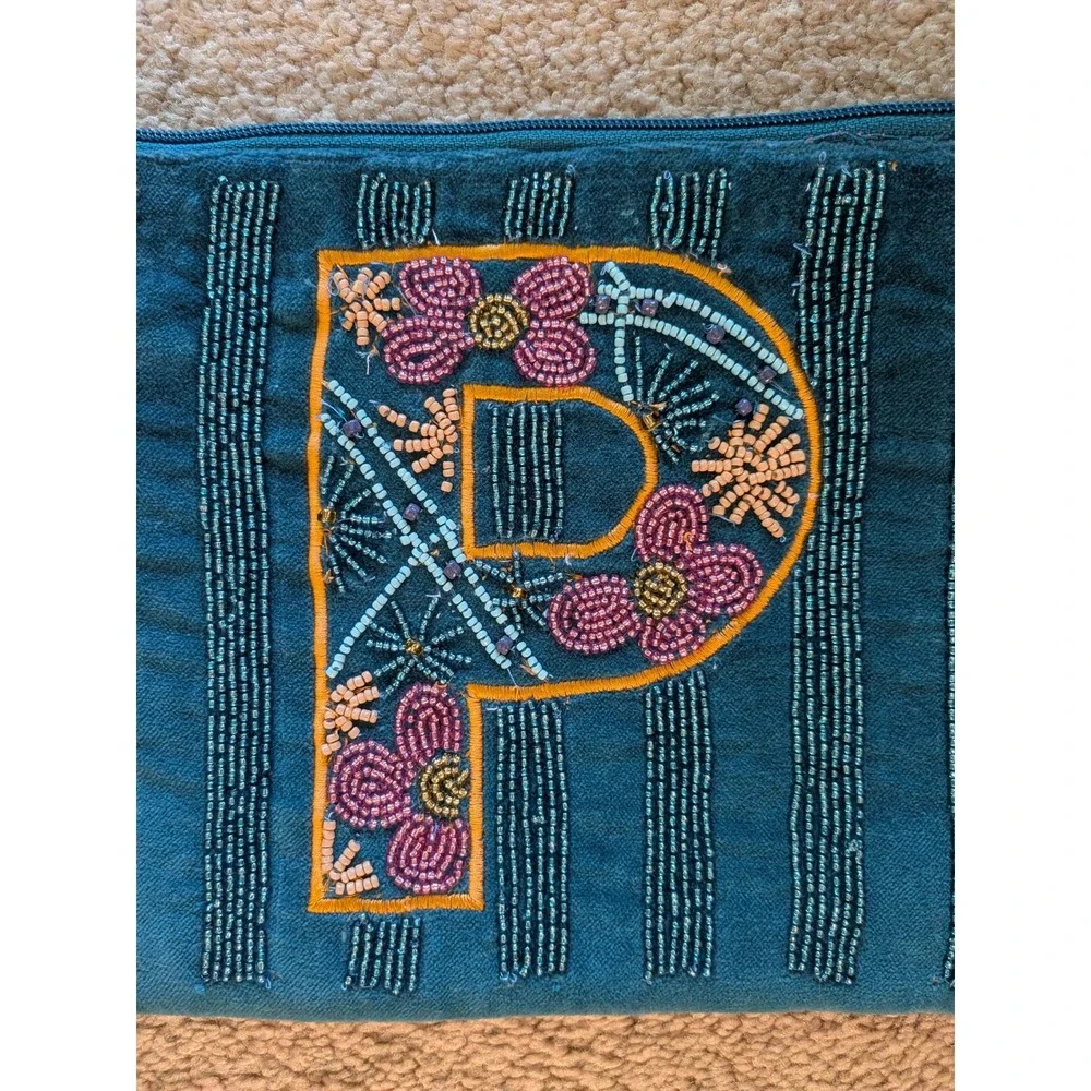 America & Beyond Teal Beaded Initial P Wristlet Clutch Bag Floral Velvet New
